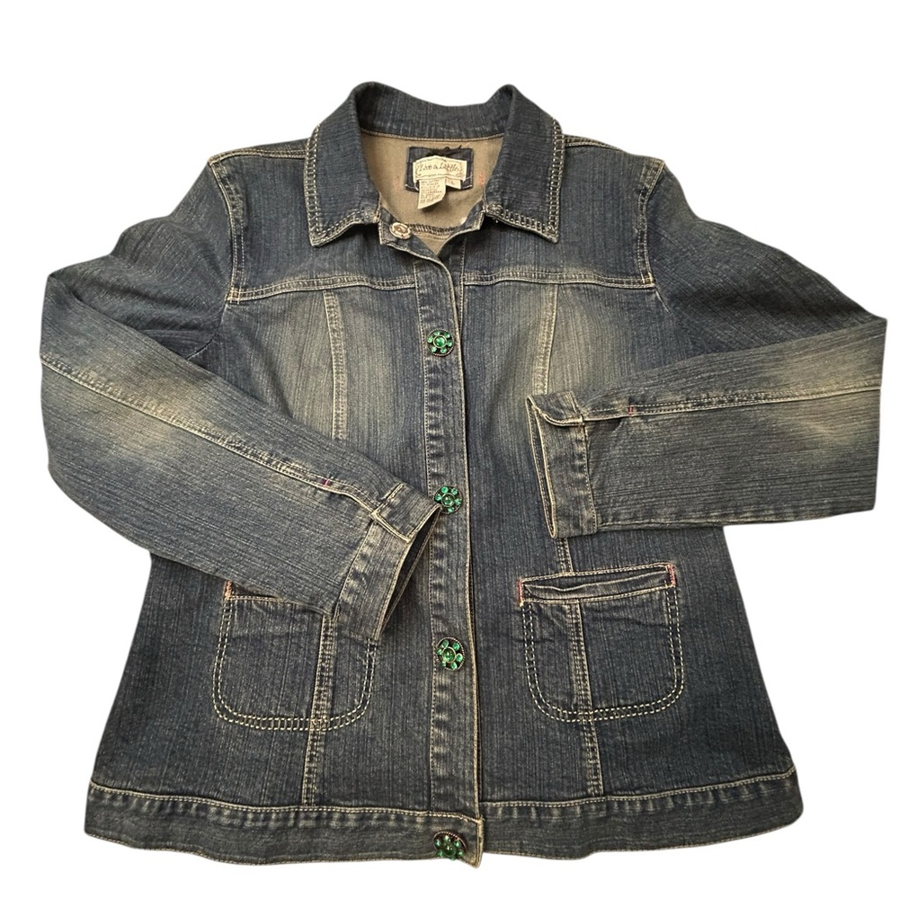 Live A Little‎ Vintage Women’s Denim Jacket with Green Jewled Button Accents L